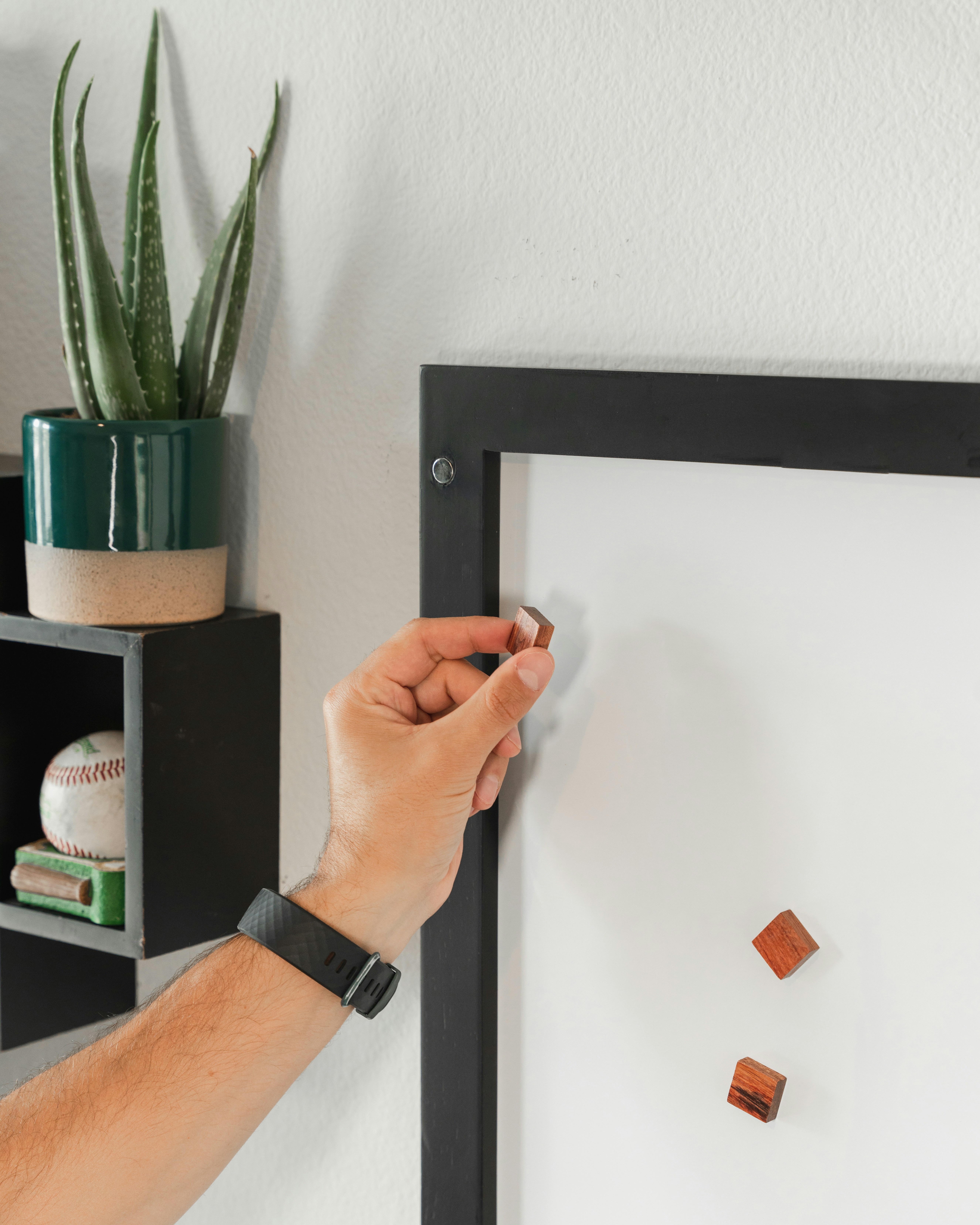 Imagine wooden cubes sticking to a whiteboard like magic. There's also a plant and a baseball in the background, making it cool and playful.